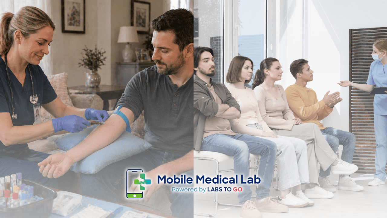 Mobile lab professional drawing blood at home versus patients waiting in a traditional clinic