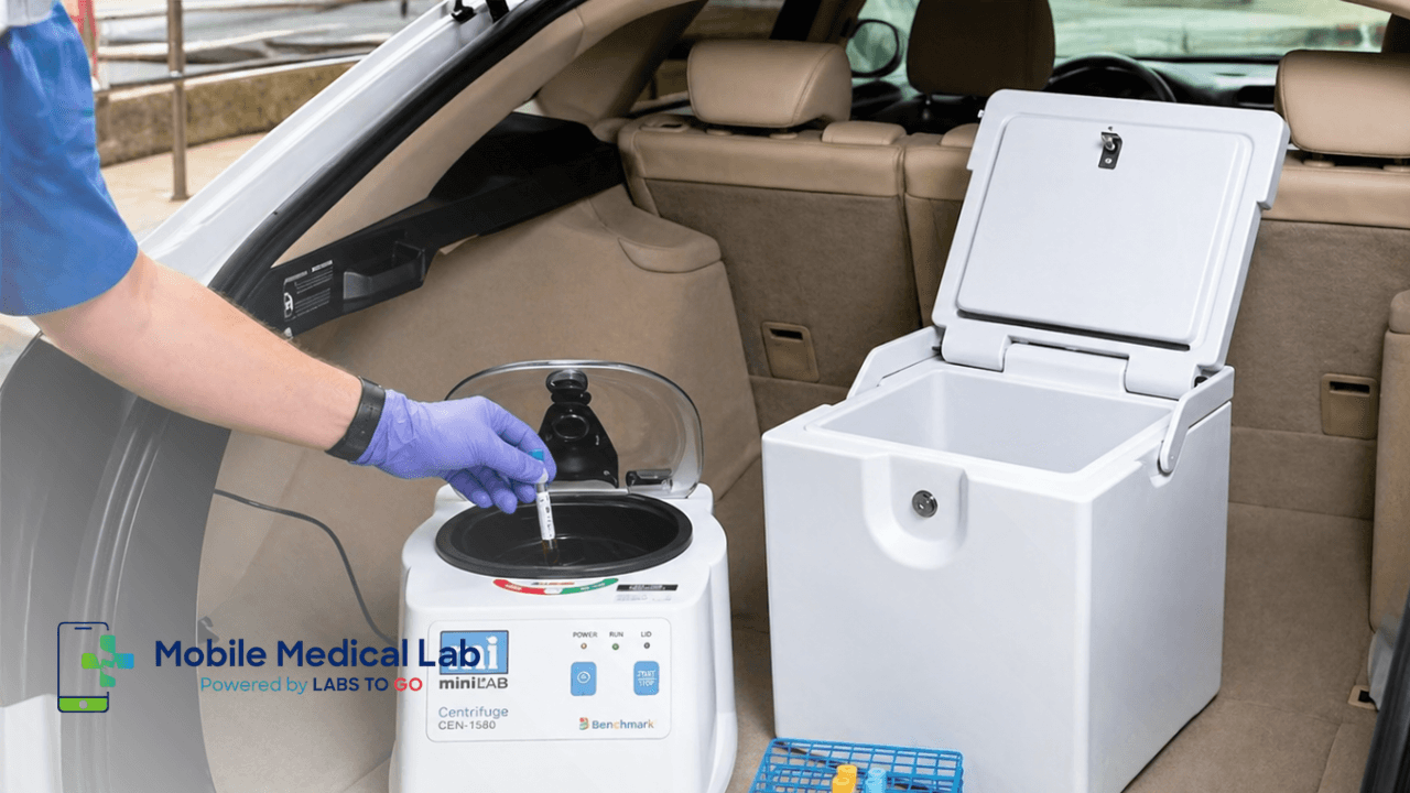 Mobile lab technician working with portable centrifuge equipment in a vehicle