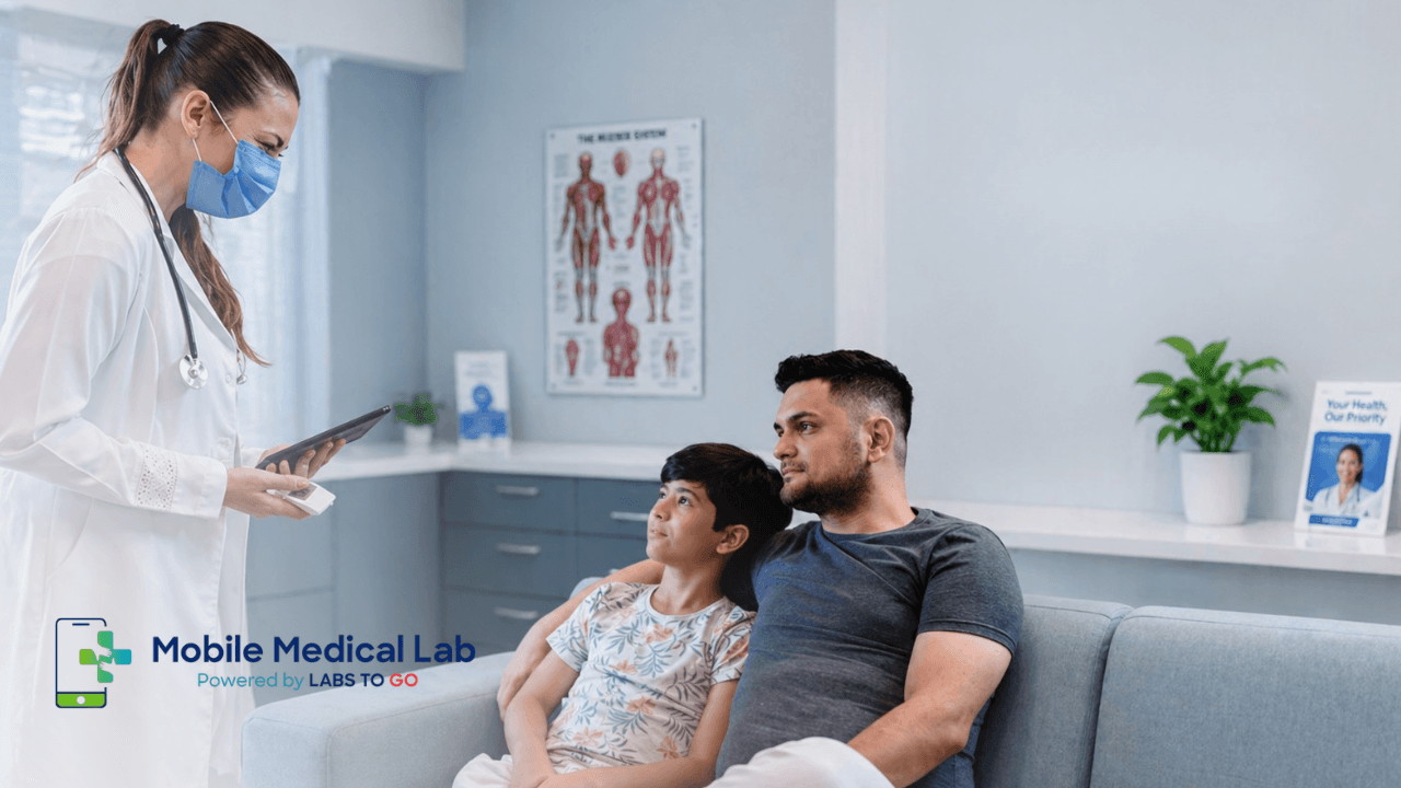 Father and child consulting with a doctor in a traditional clinic waiting room