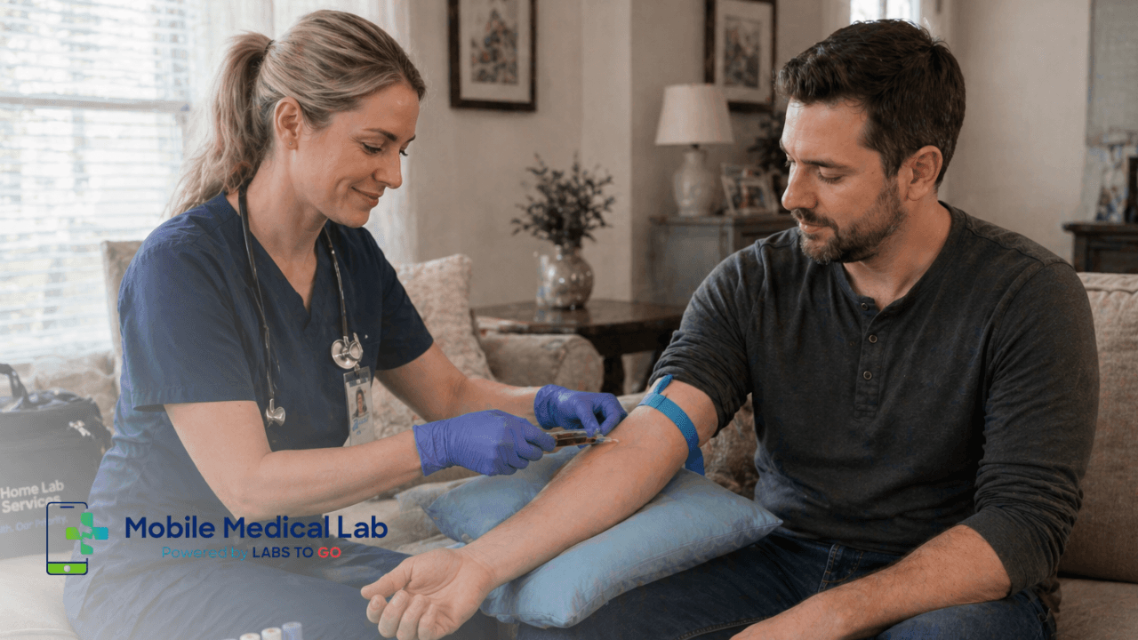 Mobile medical lab professional drawing blood from a patient in a home setting