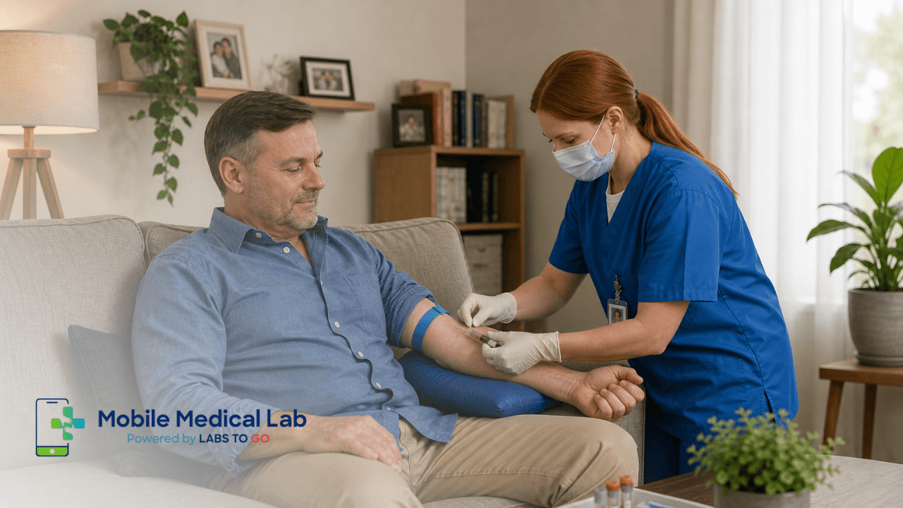 Mobile Medical Lab phlebotomist visiting a patient at home for routine blood collection