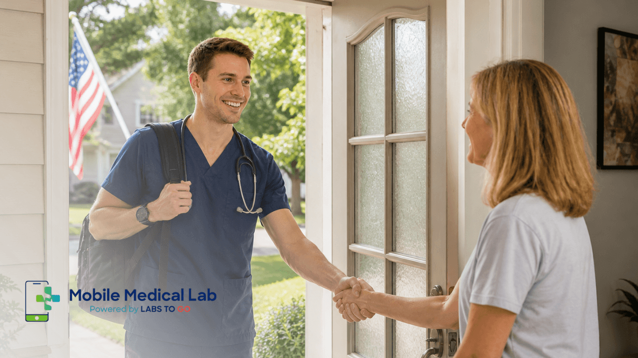 Mobile Medical Lab healthcare provider greeting a patient at their front door