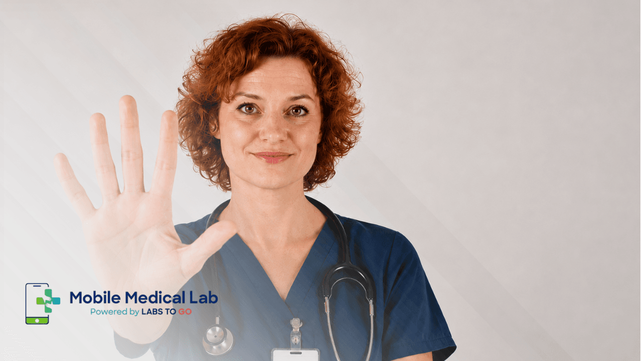 Healthcare professional signaling five warning signs that indicate you should schedule lab testing immediately