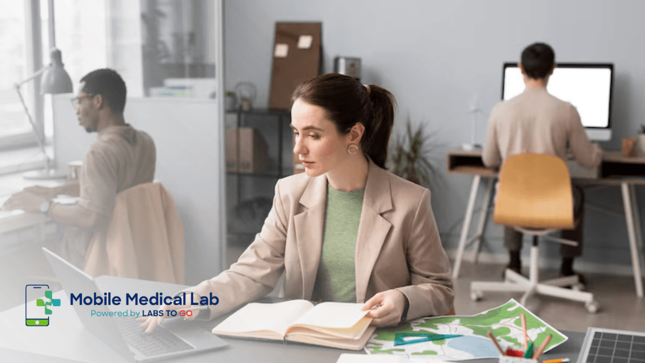 Busy professionals working in a modern office, representing those choosing convenient at-home lab collection