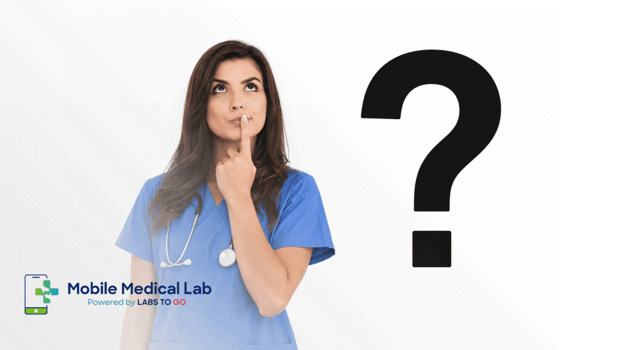 Phlebotomist in scrubs beside a large question mark, representing common questions about at-home lab collection